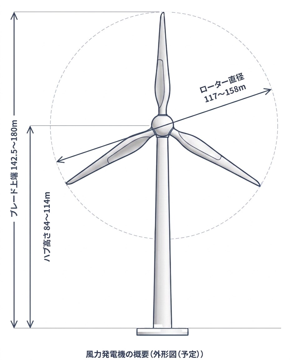 風力発電機の概要（外形図（予定））。ブレード上端142.5〜180m、ハブ高さ84〜114m、ローター直径117〜158m