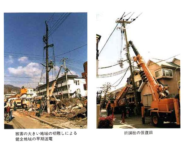 被害の大きい地域の切離しによる健全地域の早期送電/折損柱の仮復旧