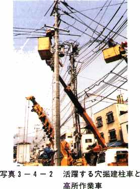 写真3-4-2　活躍する穴掘建柱車と高所作業車