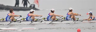 8位入賞舵手つきクォドルプル:左より津田・村松・松井・納田・畠 8位入賞舵手つきクォドルプル:左より津田・村松・松井・納田・畠