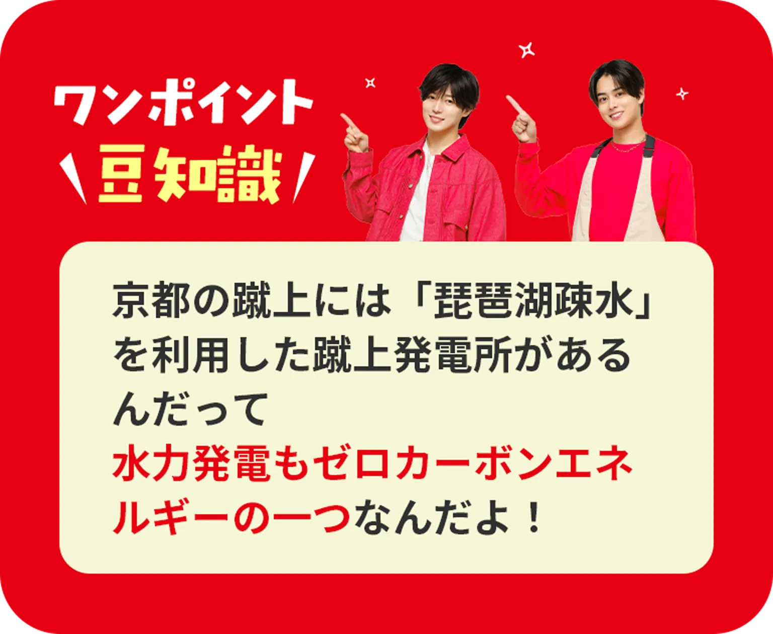 京都の蹴上には琵琶湖の水を利用した蹴上水力発電所があるんだって水力発電もゼロカーボンエネルギーの一つなんだよ！